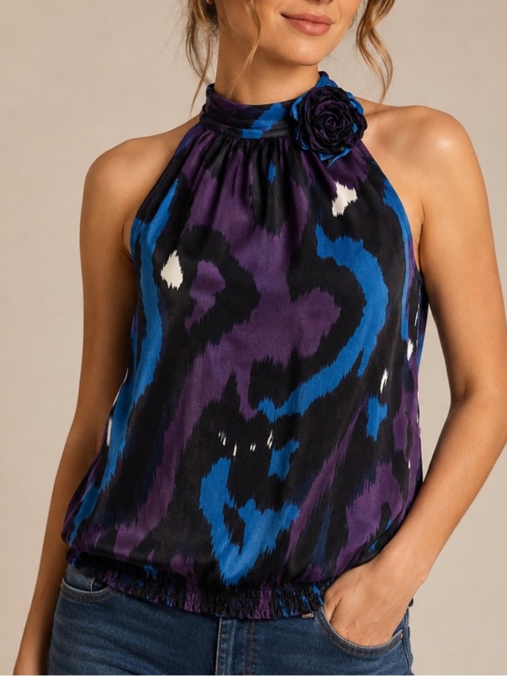 Forever 21 Floral Rosette Halter Blouse | Purple Blue Abstract Print